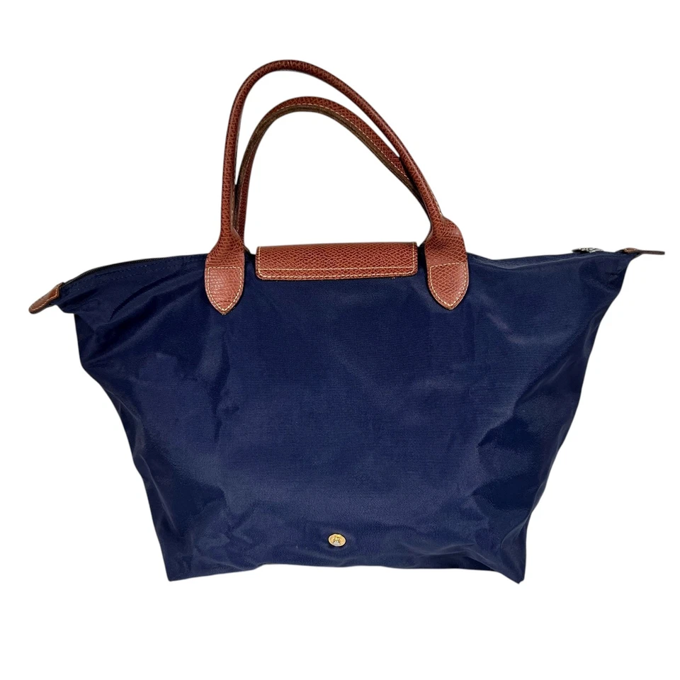 Longchamp Le Pliage Navy Blue Brown Leather Trim Short Handle Original Tote Bag - Image 4 of 4