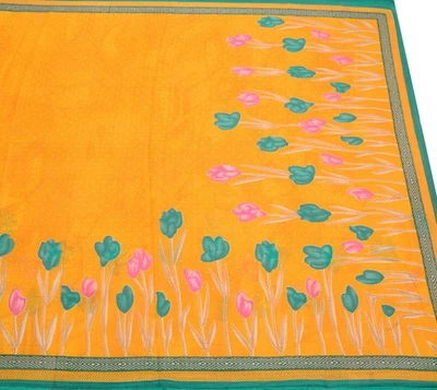 Sushila Vintage Sari 100 % reine Baumwolle Blumendruck gelb weicher Handarbei... - Bild 1 von 4