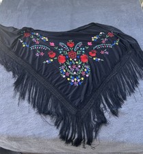 Vintage Style Black Embroidered Floral Shawl Crochet Lace TrimTriangle Wrap
