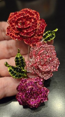 Huge Beautiful Multicolor Red Pink Rhinestone Rose Flower Bloom Brooch 293-185
