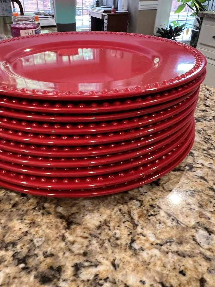 10pc Red Melamine Dinner Plate Dotted Edge Holidays Fun Party table - Imagem 4 de 4