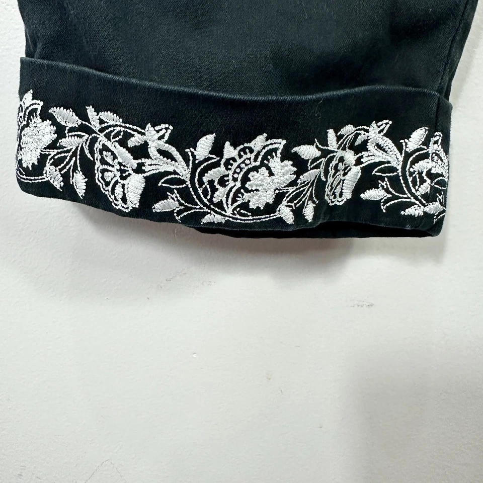 Pantalones Capri Denim & Co XL Negro Bordado Dobladillo Algodón Elástico Costero Chic Foto 4 de 4