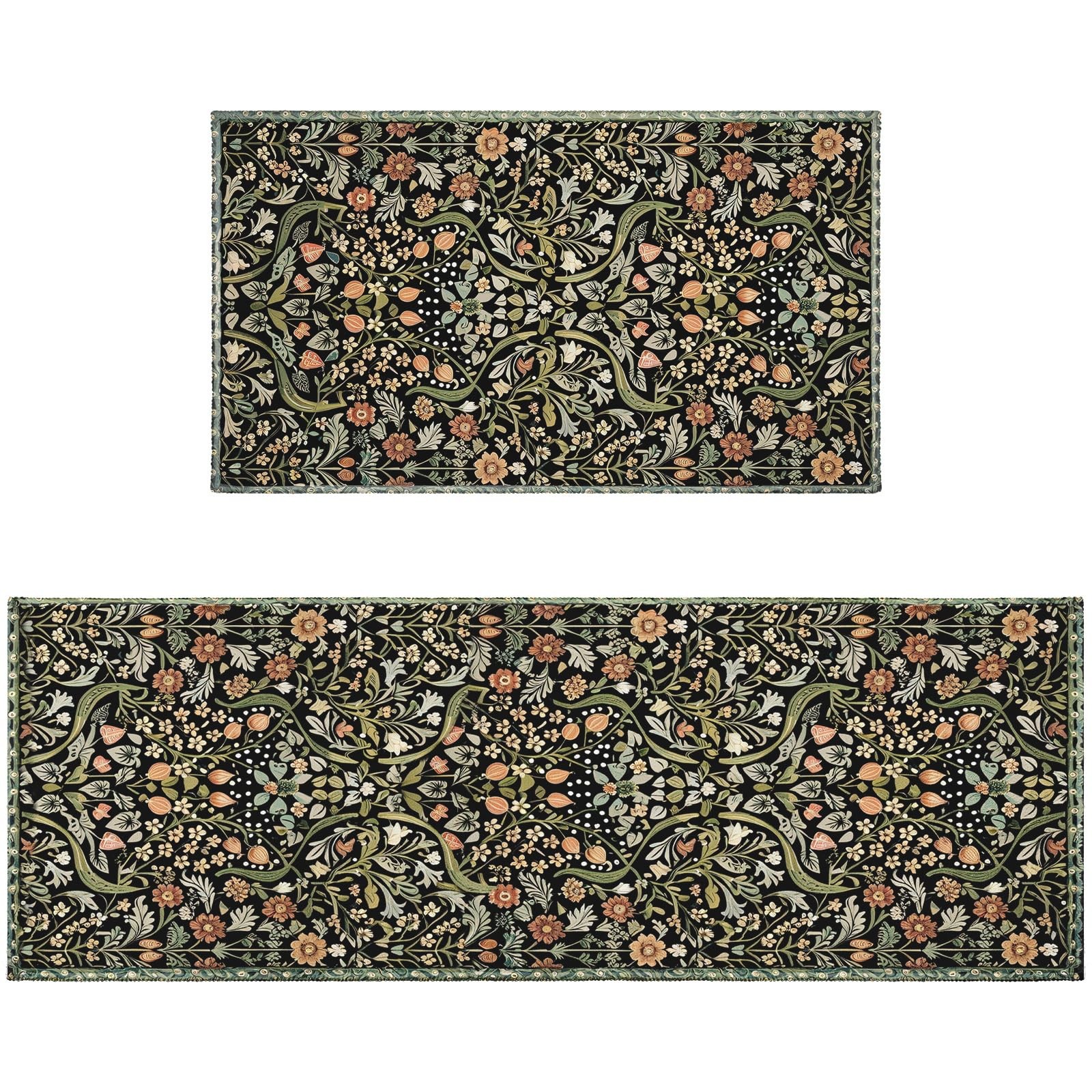 Vintage Spring Floral Kitchen Rugs Sets of 2 Non Slip Black Boho Flowers Bota...