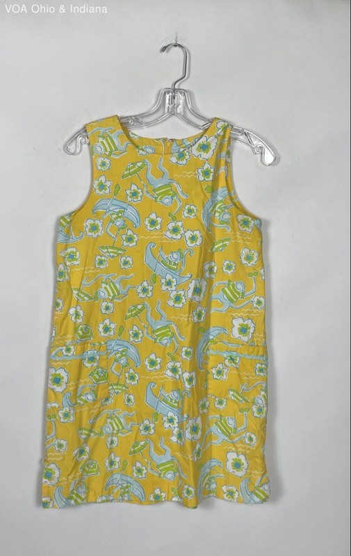 Lilly Pulitzer Girls Yellow Monkey Print Sleeveless Shift Dress Pockets Sz 16