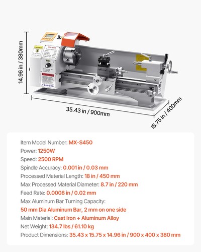 VEVOR 1250 W 2500 RPM Torno de Metal de 220 x 450 mm con Alimentación Automática - Imagen 7 de 12