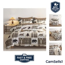 Rustic Comforter Set, Cabin Christmas Lodge Western Country Bear Deer Moose W...