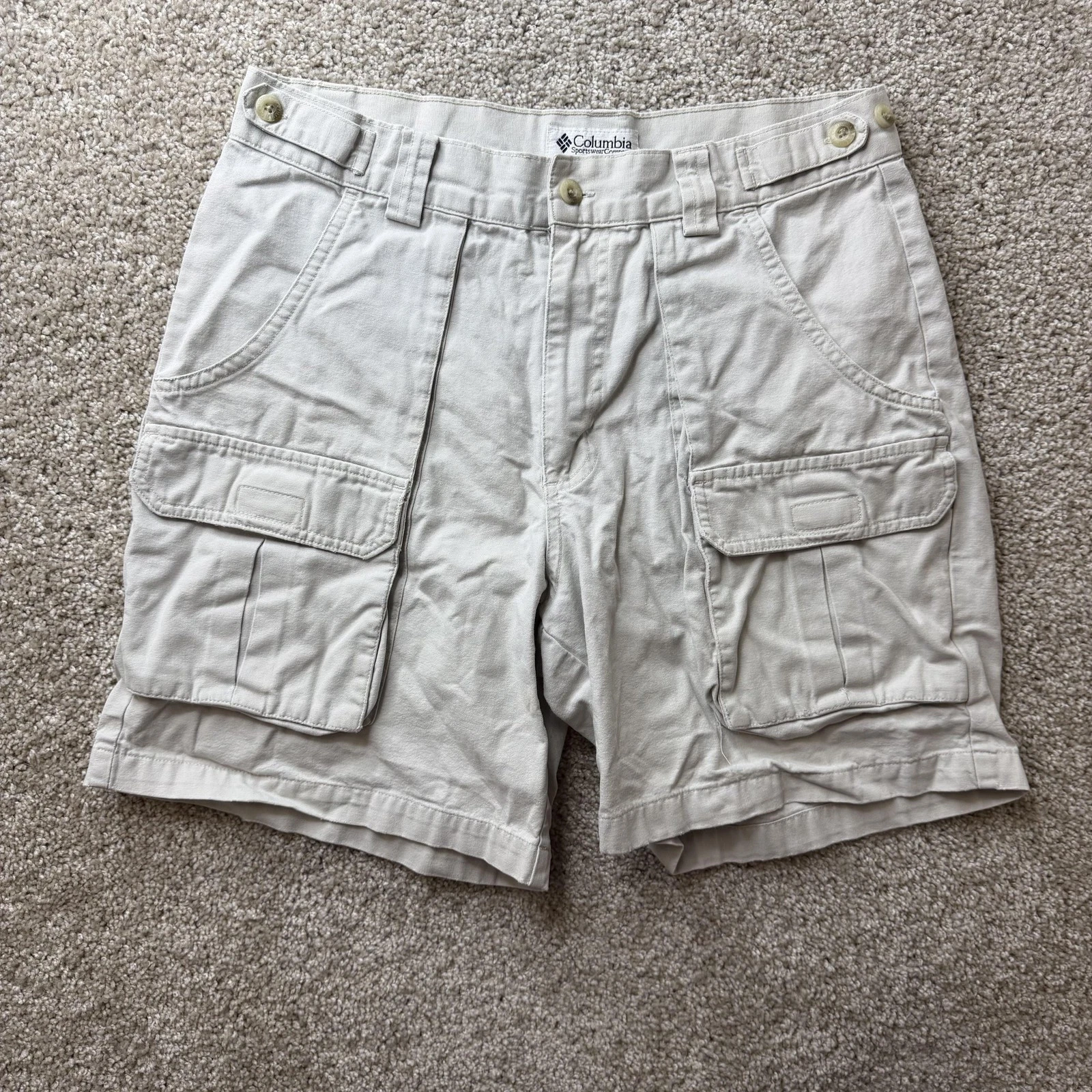 Vintage Columbia Cargo Shorts Men 32 Beige Cotton Canvas 7 Inseam Outdoor Hiking