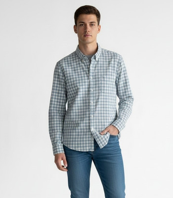 J CREW Men's Blue Gingham Checked Organic Cotton Button Down Shirt Sz Large Slim
