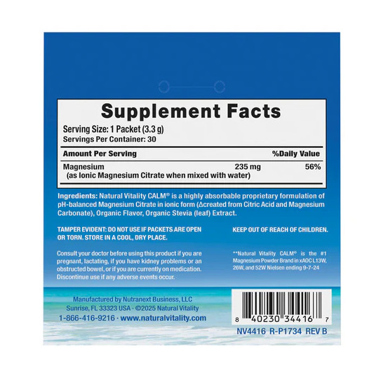 CALM Magnesium Packets | 30 Count | Raspberry Lemon Flavor | by Natural Vitality