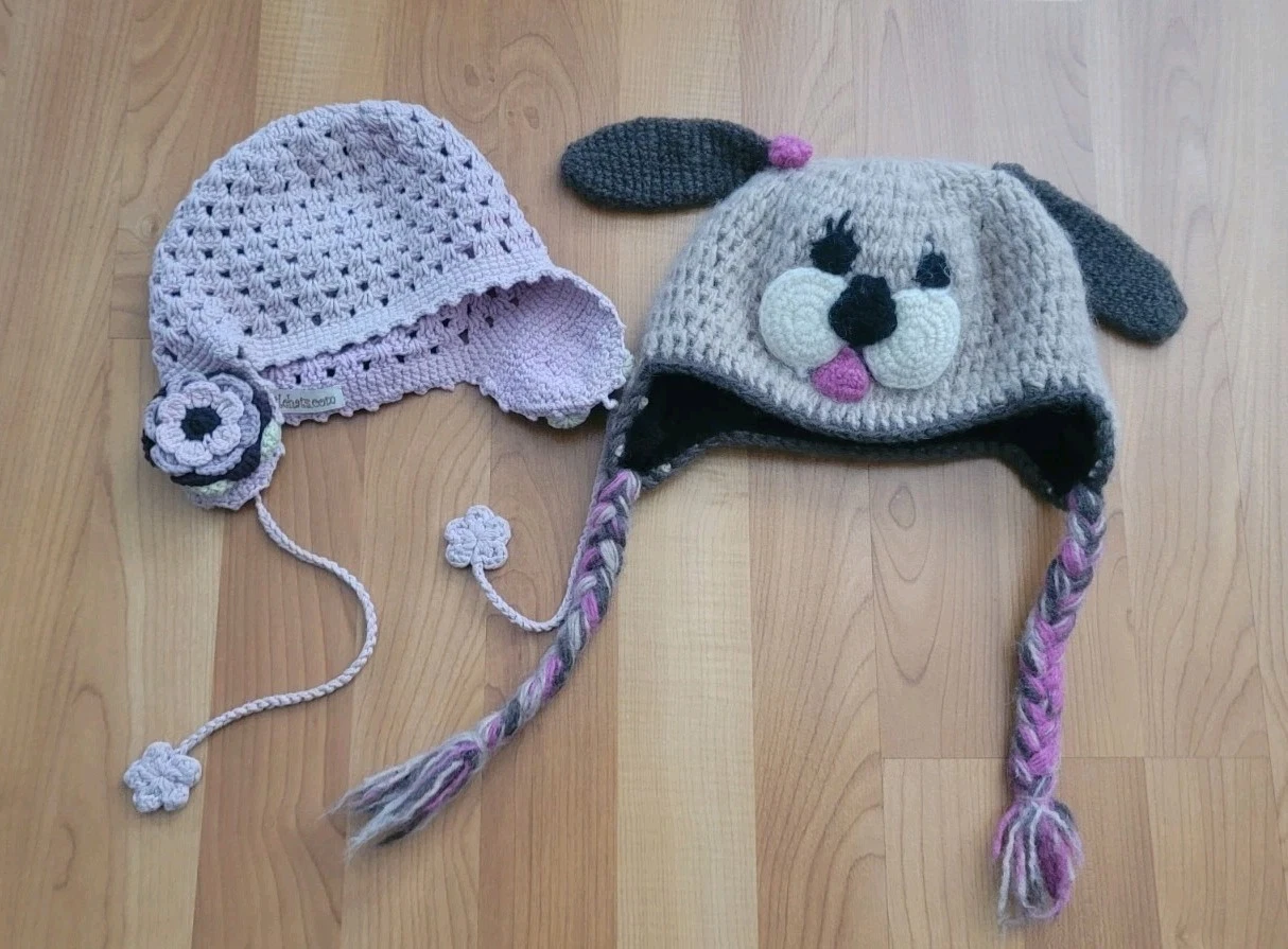 World Market Girls Sz 2T-3T Winter Hat Brown Dog W/Ears & Crochet Pink Hat Lot 2
