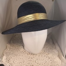 Navy Blue Straw Hat Wide Brim Contrasting Gold Ribbon Bow Hat Band New With Tags