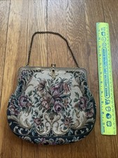Antique Vintage Purse Bag Tapestry Brass Trim Hand Chain With Mirror