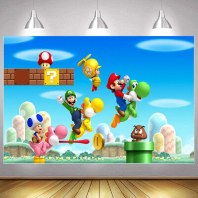 Super Mario Backdrop Kids Game Happy Birthday Party Photo Background Banner 