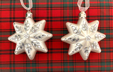 Set of 2 White Blown Glass Star Christmas Ornaments, Jewel accents, 4" Tall NWT
