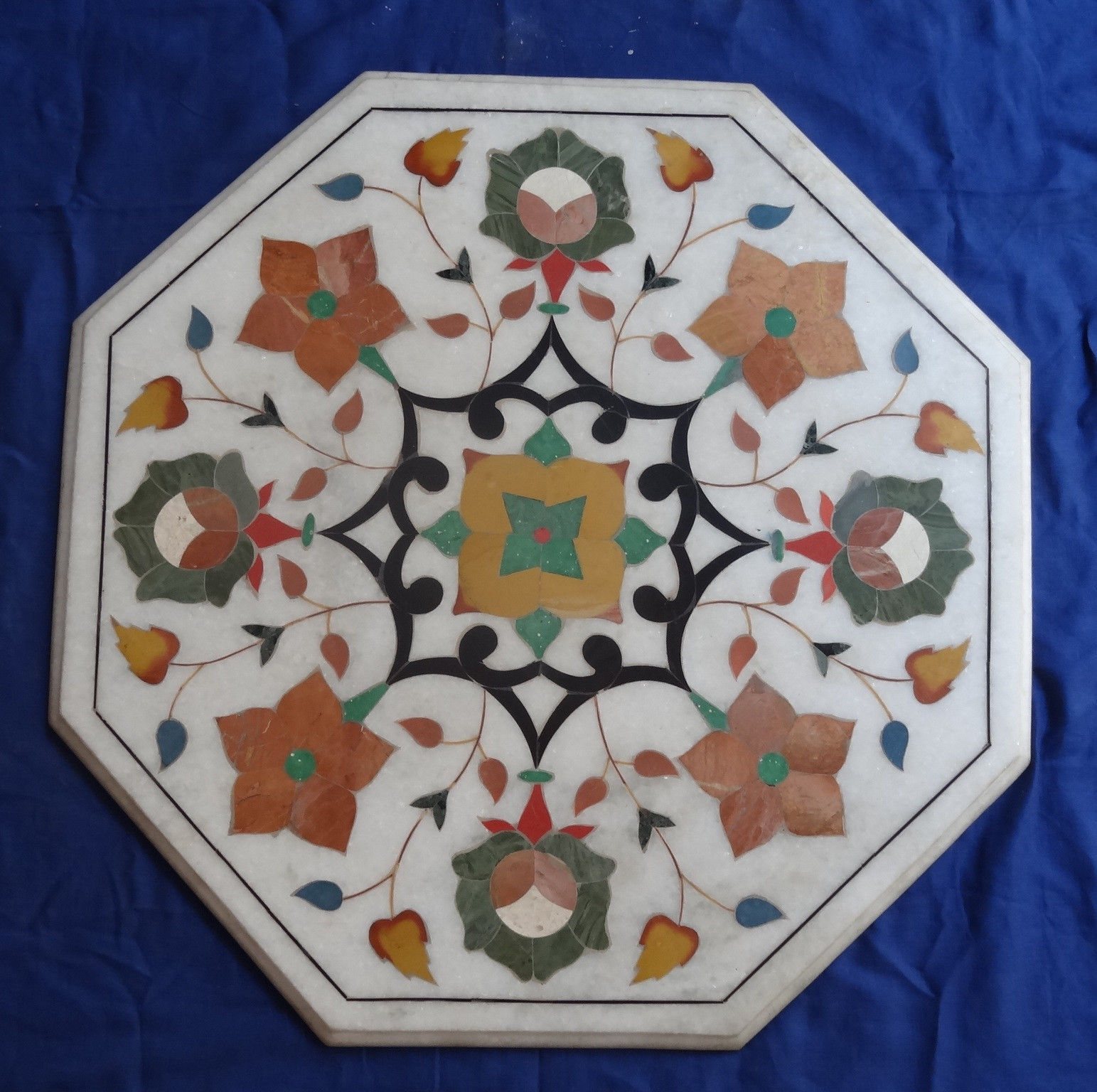 24-Inch White Marble Table Top with Handcrafted Pietra Dura Inlay Art