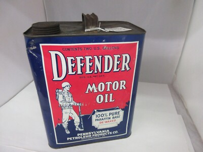VINTAGE ADVERTISING DEFENDER MOTOR OIL 2 GALLON CAN TIN GARAGE SHOP B ...