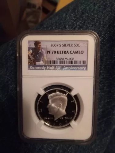 2007 S PROOF SILVER KENNEDY HALF DOLLAR: NGC PF70 : 50TH  ANNIV. PORTRAIT L ABEL