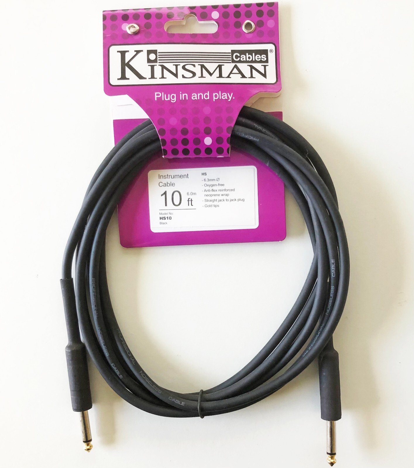 Kinsman HS10 Heavy Duty Instrument Cable, 10ft / 3m, Oxygen-Free, Gold Tips.