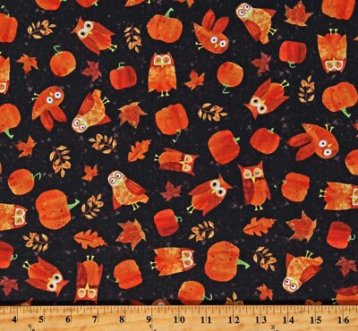 Cotton Owls Pumpkins Fall Autumn Leaves Black Fabric Print by the Yard D513.77