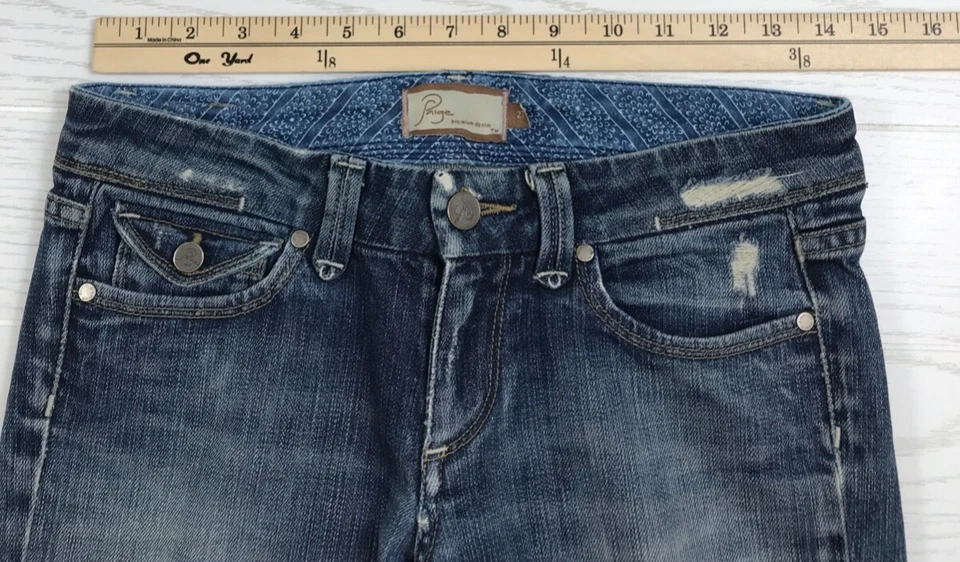 Paige Pico Jeans Womens 27 Bootcut Blue Embroidered Button Flap Pockets Distress - Image 4 of 4