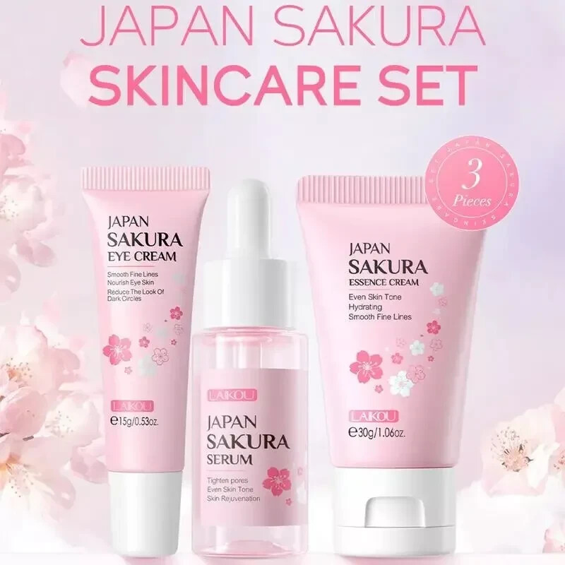 3 PIECE LAIKOU JAPAN SAKURA FACIAL ESSENCE CREAM EYE CREAM SERUM NEW SEALED