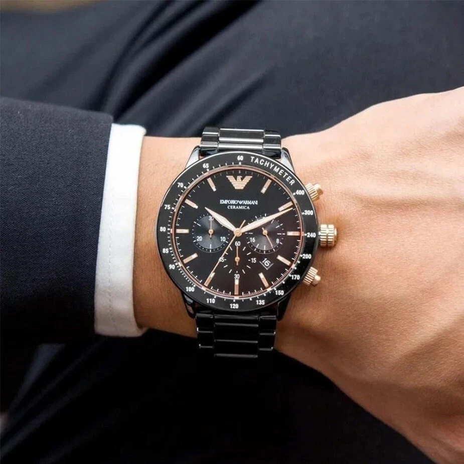 NEW EMPORIO ARMANI MENS WATCH CERAMIC BLACK DIAL BLACK BRACELET  