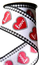 Valentine Red Hearts 2.5" by 6 yd White d. Stevens Wired Ribbon Check Edges