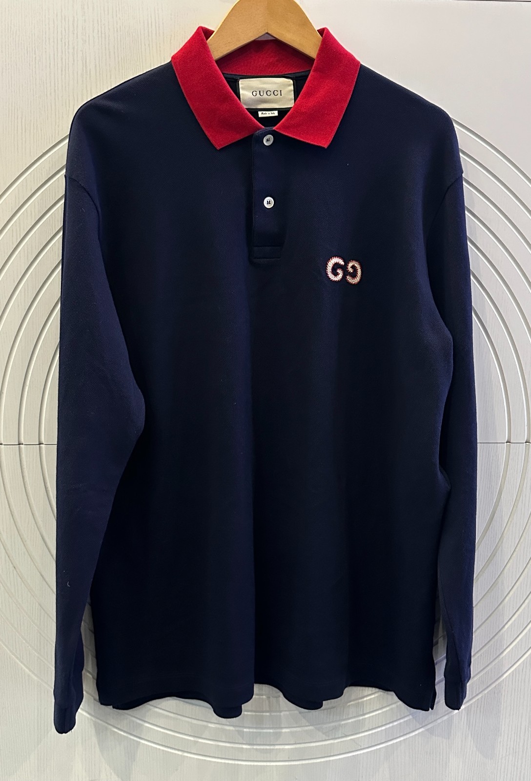 Gucci Logo Print GG Long Sleeve Polo Shirt In Navy Blue Size XL
