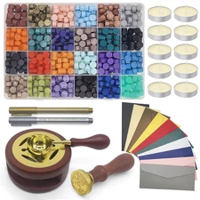Deluxe Wax Seal Kit with  Stamp & 624 Sealing Wax Beads - 24 Colors with Wooden