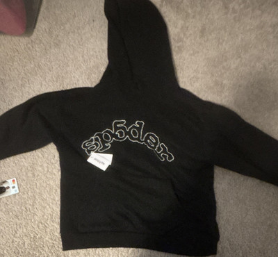 sp5der Black Pullover Hoodie Size L Unisex Kids Spider Web Logo Graphic Print