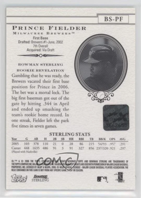 2006 Bowman Sterling Prince Fielder #BS-PF Auto - Image 2 of 2