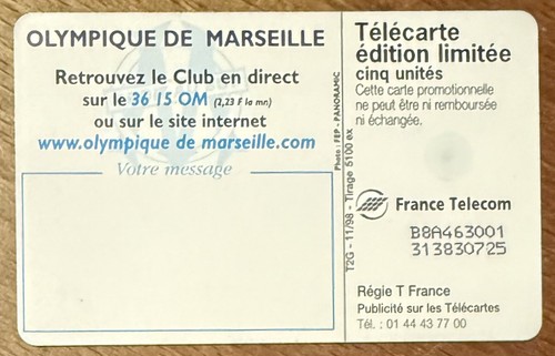 TELEKARTE 5U QUICK MARSEILLE OM DUGARRY FUSSBALL REF PHONECOTE Gn512 TELEFONKARTE - Bild 2 von 3