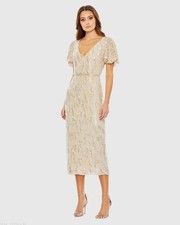 MAC DUGGAL 93591 SEQUINED V-NECK FLUTTER SLEEVE TEA LENGTH OYSTER SHEAT DRESS 14