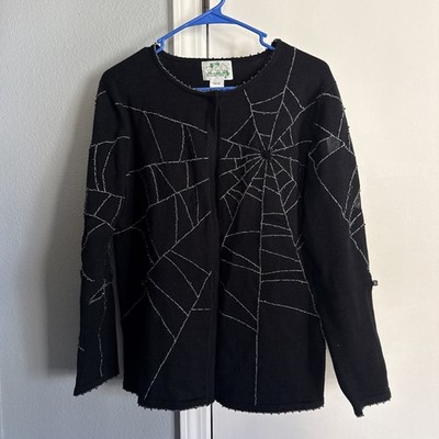 The Quacker Factory Vintage Halloween Spider Web Beaded Button Down Cardigan M