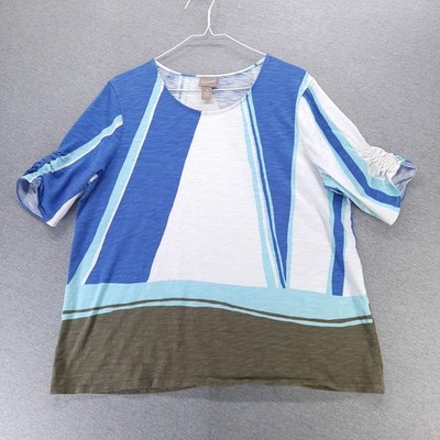 Chico's Shirt Womens XL Blue White Geometric Print Ruched Sleeves Cotton Modal
