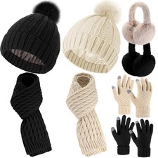 8 Pcs Women Hat Scarf Gloves and Earmuff Set Winter Knit Beanie Pompom Hat Wa...