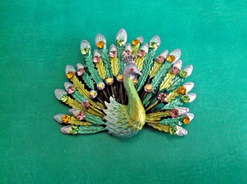 Jeweled Peacock Bird Brooch -  Bright Colorful Bird Pin w/ Tail Feathers Spread