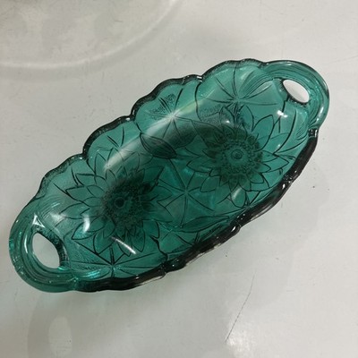 Vintage Indiana Glass LILY PONS Emerald Teal Green Glass 9.5  Oblong Relish Dish