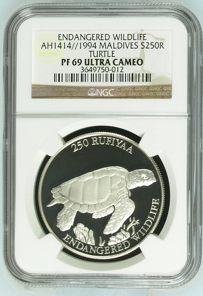 MALDIVES 250 Rufiyaa 1994 Silver NGC PF69 Endangered Wildlife Turtle - Image 3 of 4