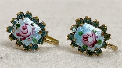 Vtg Coro Earrings Delicate Hand Painted Rose And Guilloche Enamel W Rhinestones