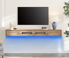 Farmhouse Floating TV Stand with Charging Station Wall-Mounted Glass