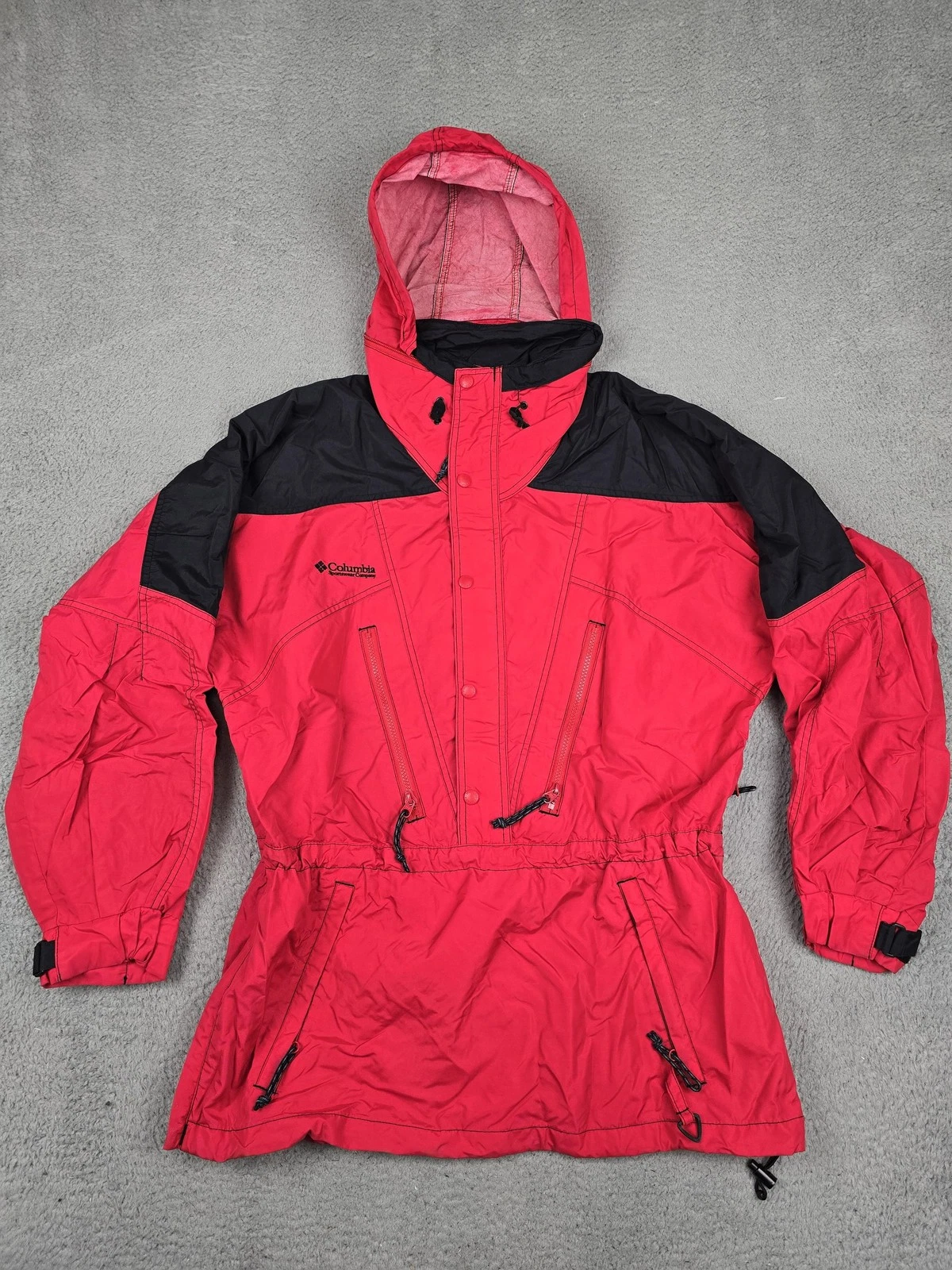 Vintage Columbia Jacket Mens Medium Red Anorak Hooded Snap Mid-Length Nylon 90s