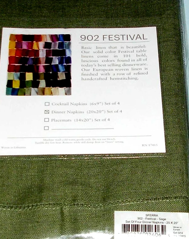 Juego de servilletas de cena de lino verde salvia Sferra Festival cosidas con dobladillo 20x20"/4 nuevas Foto 4 de 4