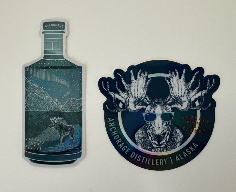 SET of 2 Anchorage Distillery (Alaska) Alaskan Moose Logo + Bottle Sticker --NEW
