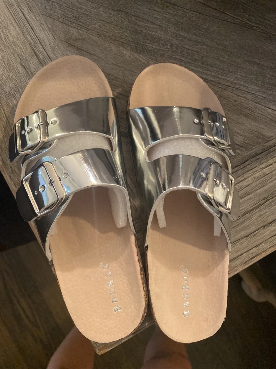 Bamboo Silver Shiny Womens Fashion Slide Buckles Sandals