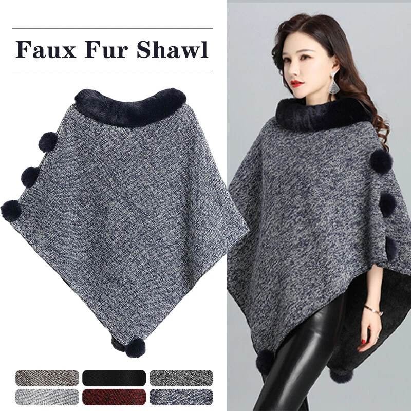 Women Faux Fur Shawl Thermal Loose Collar Cape Cloak Poncho Wrap Outerwear Shrug - Image 2 of 4