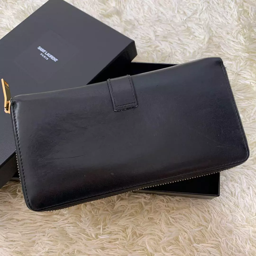 Auth Saint Laurent Zip Purse #9607 Long Wallet Ysl Black/Gold Leather Italy
