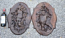 PAIR antique black forest wood carved hunt trophy wall plaque hare partridge