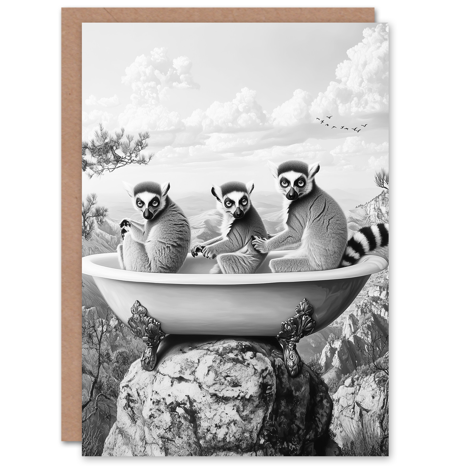 Ring-tailed Lemurs in Bathtub Black White Surreal Birthday Greeting Card