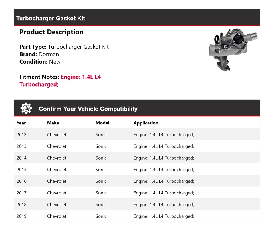Kit de junta de turbocompresor Chevrolet Sonic Dorman 2012-2019 2013 2014 2015 2016 Foto 2 de 4